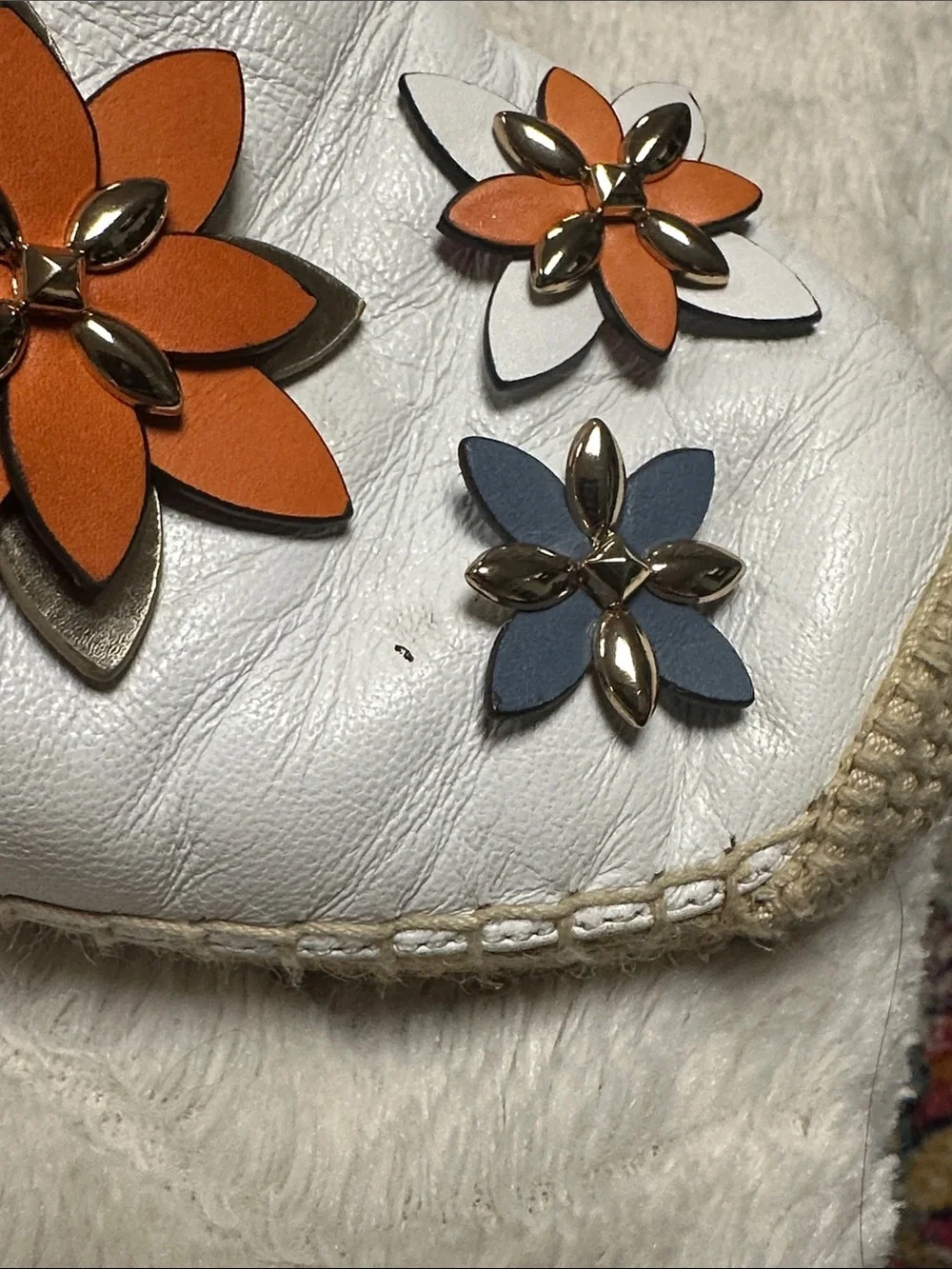Michael Kors White Leather, Orange w/ Gold Beads Flowers Espadrilles Flats, 8 M